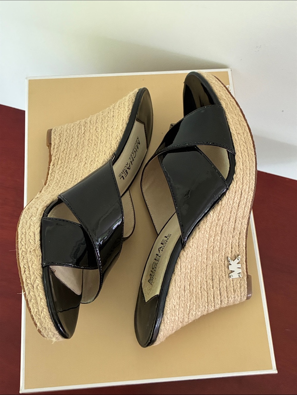 MICHAEL Michael Kors Black Patent Espadrille Wedge Slides - Picture 10 of 12